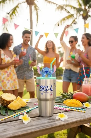 Disney Lisanslı Stitch Parti Serisi Ananas Desenli Çelik Şişe – Çift Cidarlı & Pipetli