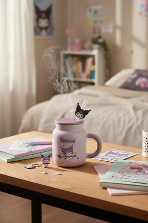 Sanrio Lisanslı Kuromi Seramik Kupa – 410 Ml – Kapaklı Ve Pipetli Tasarım