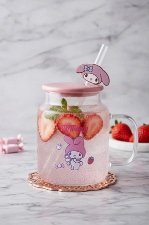 Sanrio Lisanslı My Melody Kapaklı ve Pipetli Cam Şişe – Figürlü Borosilikat Cam Kupa 450 Ml