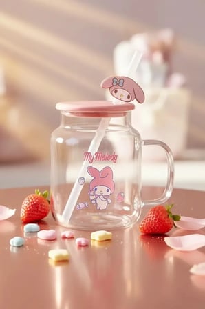 Sanrio Lisanslı My Melody Kapaklı ve Pipetli Cam Şişe – Figürlü Borosilikat Cam Kupa 450 Ml