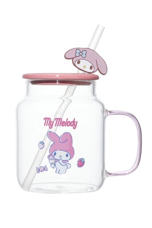 Sanrio Lisanslı My Melody Kapaklı ve Pipetli Cam Şişe – Figürlü Borosilikat Cam Kupa 450 Ml