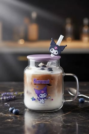Sanrio Lisanslı Kuromi Kapaklı ve Pipetli Cam Şişe – Figürlü Tasarım Cam Kupa 450 Ml