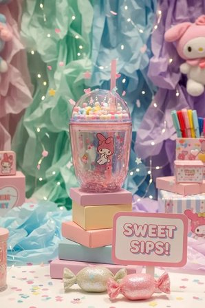 Sanrio Lisanslı My Melody Boncuklu Kapaklı Pipetli Plastik Şişe – Sızdırmaz Matara 435 Ml