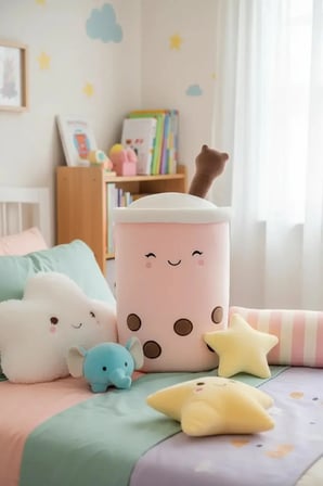 Miniso Lisanslı Sütlü Çay Peluş Yastık – Bubble Tea Tasarımlı Yumuşak Dekoratif Yastık Pembe 39 Cm
