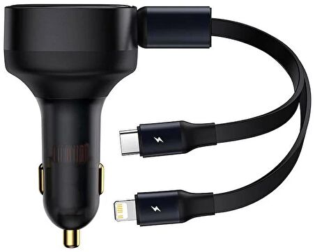 Baseus 2in1 Makaralı 30W Hızlı Şarj Type-C + Lightning iPhone Araç Şarj Cihazı