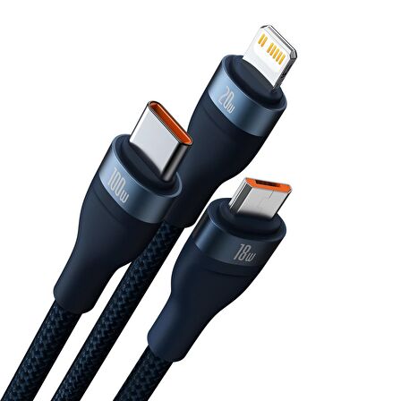 Baseus Flash Series 100W Ultra Hızlı Telefon Tablet Macbook Çoklu 3 in 1 Şarj Kablosu 120cm
