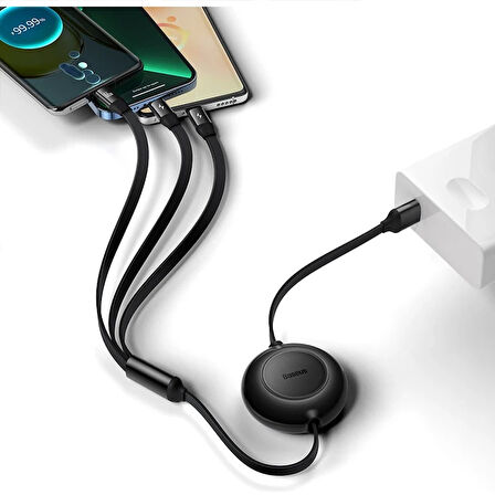 Baseus 66W Makaralı 3in1 Type-C + Lightning + Micro USB Kablo Hızlı Şarj Kablosu (Siyah)
