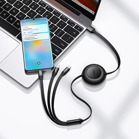 Baseus 66W Makaralı 3in1 Type-C + Lightning + Micro USB Kablo Hızlı Şarj Kablosu (Siyah)