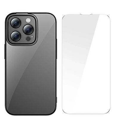Baseus Glitter iPhone 14 Pro Max 6.7 Renkli Kenar Silikon Kılıf + Tempered Ekran Koruyucu Set