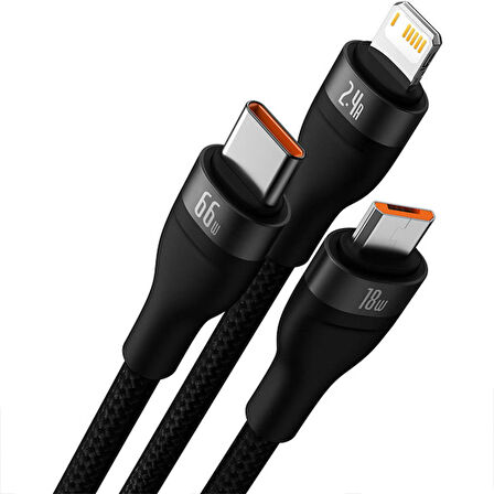Baseus Flash Series Ⅱ 66W 3in1 iPhone Type-C Hızlı Şarj Kablosu 1.2m