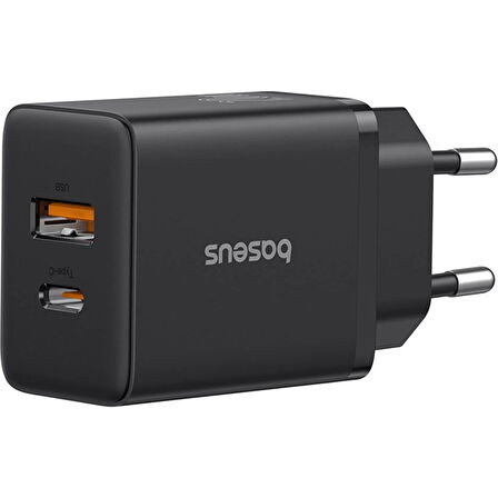 Baseus Cube Type-C + USB Girişli U+C 20W Hızlı Şarj Cihazı iPhone 15 14 13 12 11 Uyumlu Samsung ve Android Uyumlu Beyaz