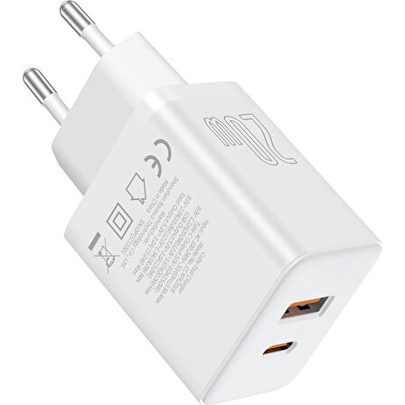 Baseus Cube Type-C + USB Girişli U+C 20W Hızlı Şarj Cihazı iPhone 15 14 13 12 11 Uyumlu Samsung ve Android Uyumlu Beyaz