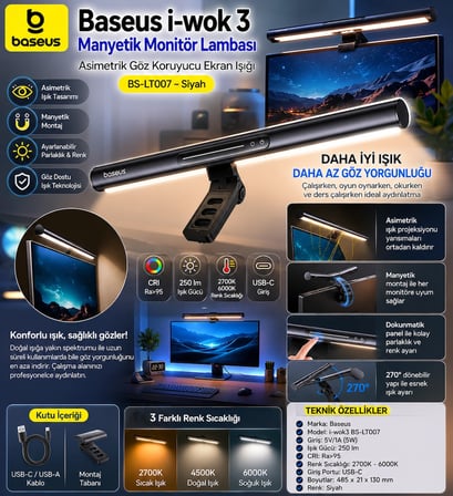 Baseus i-Wok 3 Manyetik Monitör Lambası BS-LT007 Siyah | Asimetrik Göz Koruyucu Ekran Işığı | USB-C | 270° Ayarlanabilir | 2700K-6000K