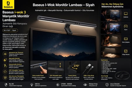 Baseus i-Wok 3 Manyetik Monitör Lambası BS-LT007 Siyah | Asimetrik Göz Koruyucu Ekran Işığı | USB-C | 270° Ayarlanabilir | 2700K-6000K