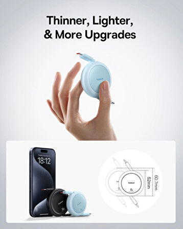 Baseus Free2Pull Mini Makaralı USB-C 60W Hızlı Şarj ve Data Kablosu, Mavi