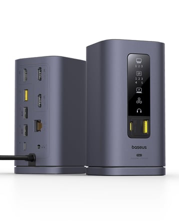 Baseus Docking Station Spacemate Serisi 11'i 1 arada yerleştirme istasyonu, 3 monitör, 2 x HDMI 1 x DP 4K @ 60Hz, 3 x USB-A/C 10 Gbps, 1 Gbps Ethernet, 100 W PD