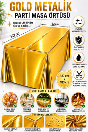 Gold Altın Metalik Parti Masa Örtüsü 137x183 Cm Doğum Günü Kutlama Masa Dekoru