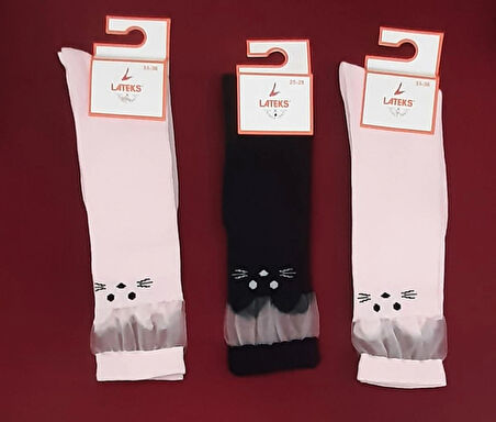 Kız Çocuk Dizaltı Kedi Desenli Okul Çorabı 33-36 Ayak Numarası 3'lü Paket