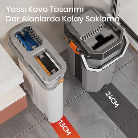Vusign Flat Mop Set – Çift Hazneli 4'ü 1 Arada Temizlik, Gri