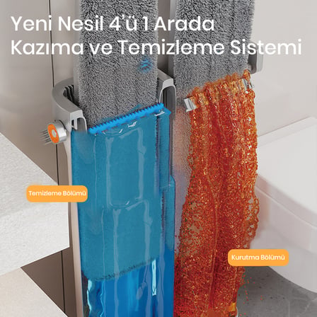 Vusign Flat Mop Set – Çift Hazneli 4'ü 1 Arada Temizlik, Gri