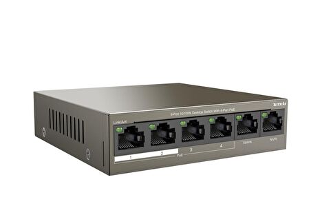 Tenda TEF1106P 6 Port 4 Port Poe+ 10-100 + 2 Port Uplink Switch Çelik Kasa Rack Mount