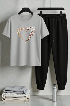 Unisex Leoparlı Kelebekli Kalp Tasarım Baskılı Tişört - 2'li Eşofman Takımı