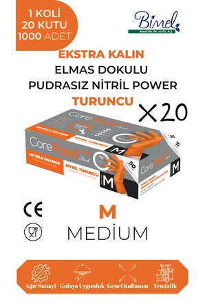 Nitril Turuncu Power Pudrasız Muayene Eldiveni M - 1 Koli-20 Paket-1000'li Tek Ebat