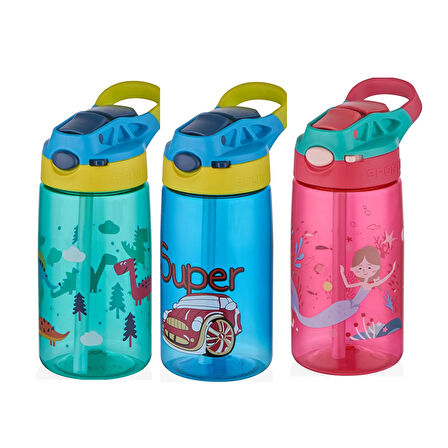 Diller Tritan, Pipetli Çocuk Matarası 500 ml, Kilitlenebilir  Turkuaz Dinozor