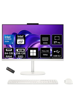 OmniStudio 27 Core 5 210H 64GB RAM 256GB SSD 27" FHD W11P Beyaz All in One Bilgisayar + Per4 USB Bellek