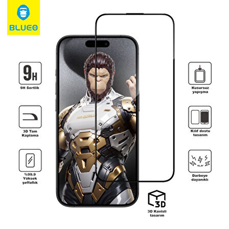 AR 3D Curved iPhone 16 Pro Max Uyumlu Aparatlı Yansıma Önleyici Kavisli Tam Kaplayan Ekran Koruyucu