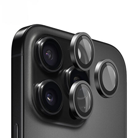 Blueo iPhone 16 Pro Max ve 16 Pro Siyah Titanyum Metal Frame Aplikatörlü Kamera Lens Camı Koruyucu