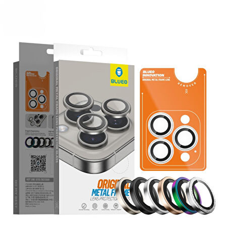 Blueo iPhone 16 Pro Max ve 16 Pro Beyaz Titanyum Metal Frame Aplikatörlü Kamera Lens Camı Koruyucu