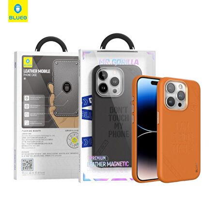 Blueo iPhone 15 Pro Max Uyumlu Turuncu Deri Punk Premium Telefon Kılıfı