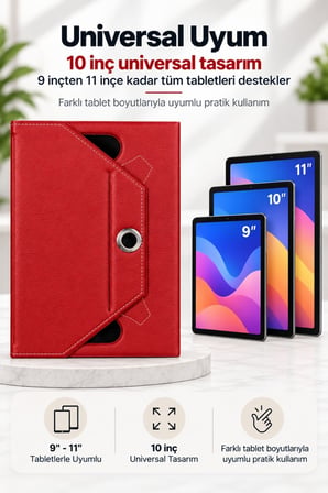Fuchsia Universal 10 İnç Tablet Kılıfı 9 10 11 İnç Uyumlu 360 Derece Döner PU Deri Standlı Kılıf