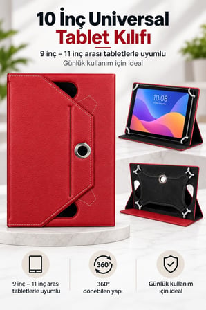 Fuchsia Universal 10 İnç Tablet Kılıfı 9 10 11 İnç Uyumlu 360 Derece Döner PU Deri Standlı Kılıf