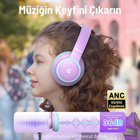 iClever Gürültü Önleyici Ses Sınırlı 60 Saat Oynatma Süreli Bluetooth Çocuk Kulaklığı Lila