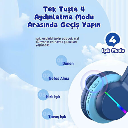 iClever Led Işıklı Güvenli Ses Sınırlı 85 Saat Oynatma Süreli Bluetooth Çocuk Kulaklığı Açık Mavi