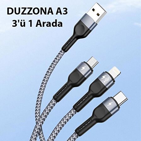 Duzzona A3 3in1 Type-C + iPhone Lightning + Micro USB 3A Hızlı Şarj Kablosu 1.3m