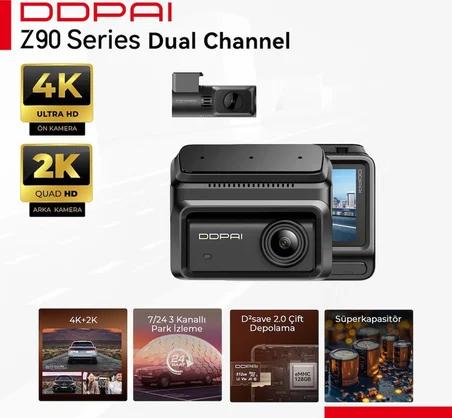 Z90 Dual Araç Kamerası Ön Arka Kamera 4K Kayıt WiFi GPS