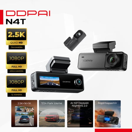 N4T Pro 4K+1080P+1080P 3 Kanallı Araç Kamerası Ön-Arka-İç HDR GPS Wi-Fi 6 IR Gece Görüşü Park Modu