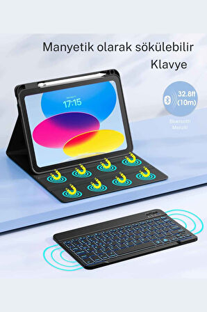 iPad 10. 11. Nesil Uyumlu Model A3354, A3355, A3356 A2696, A2757, A2777, A3162 Klavyeli Tablet Kılıfı