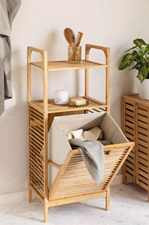 Dekorasyaa Bambu 2 Katlı Çok Amaçlı Banyo Düzenleyici Çamaşır Sepeti Organizer - Krem