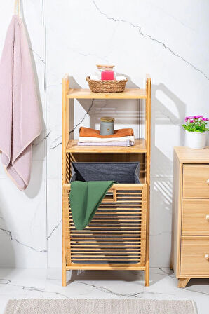 Dekorasyaa Bambu 2 Katlı Çok Amaçlı Banyo Düzenleyici Çamaşır Sepeti Organizer - Gri
