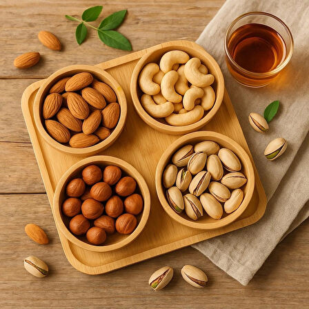 Dekorasyaa Bambu Çok Amaçlı Çerezlik ve Kahvaltılık - Sunum Tepsili - 4lü Yuvarlak