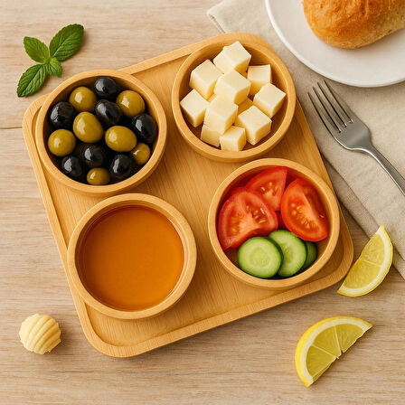 Dekorasyaa Bambu Çok Amaçlı Çerezlik ve Kahvaltılık - Sunum Tepsili - 4lü Yuvarlak