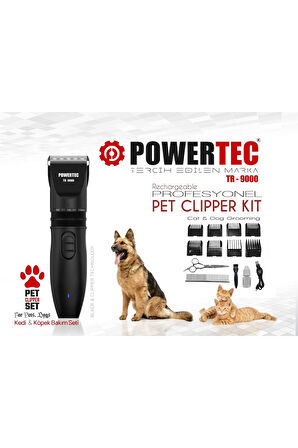 Powertec TR-9000 Kedi Köpek Tıraş Makinesi Seti Pet Evcil Hayvan Tüy Kesme (Makas ve Metal Tarak Hediyeli)