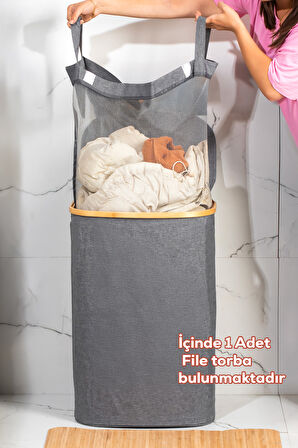 Porsima Mio-101 Bambu Banyo Kirli Çamaşır Sepeti Banyo Düzenleyici Sepet 44X66 cm