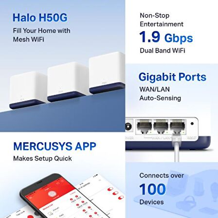 TP-LINK MERCUSYS HALO H50G 1900Mbps Mesh Menzil Genişletici(ÜÇLÜ PAKET)