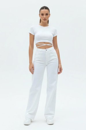 Nova Kadın Yüksek Bel Beyaz Salaş Jeans Wide Leg Geniş Paça Palazzo Kot Pantolon