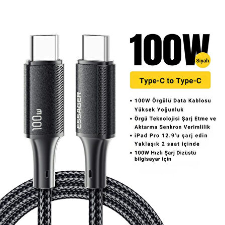 Essager E-Marker Çipli 1MT 100W Type C to Type C Şarj Kablosu 480Mbps Veri Aktarım Şarj Akım Korumalı Kopmaz Kablo